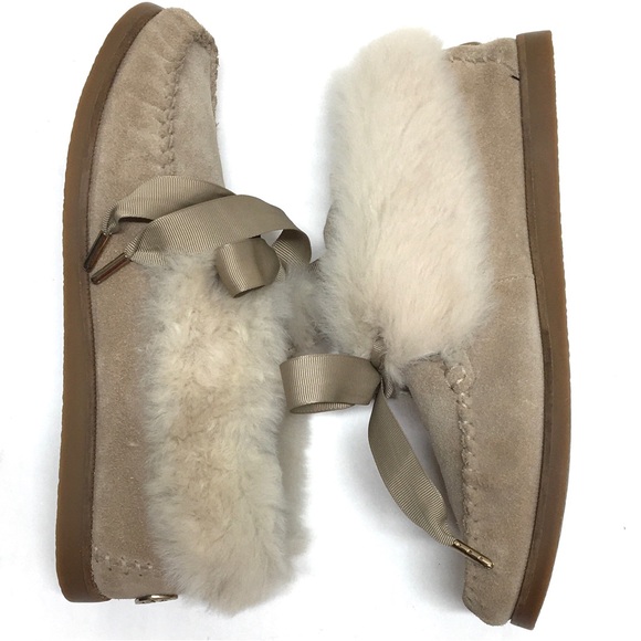 Tory Burch Aberdeen Split Suede Genuine Rabbit Fur Trim Slipper Natural/Camel 7 - Picture 4 of 17